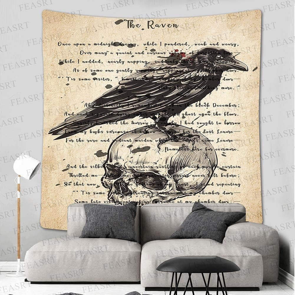 Gothic Skull and Raven Dictionary Tapestry The Raven Wall Tapestry Edgar Allan Poe Rustic Home Room Mural Posters 51x60 Inches for Living Room Bedroom Home Dorm GTQQAY1543