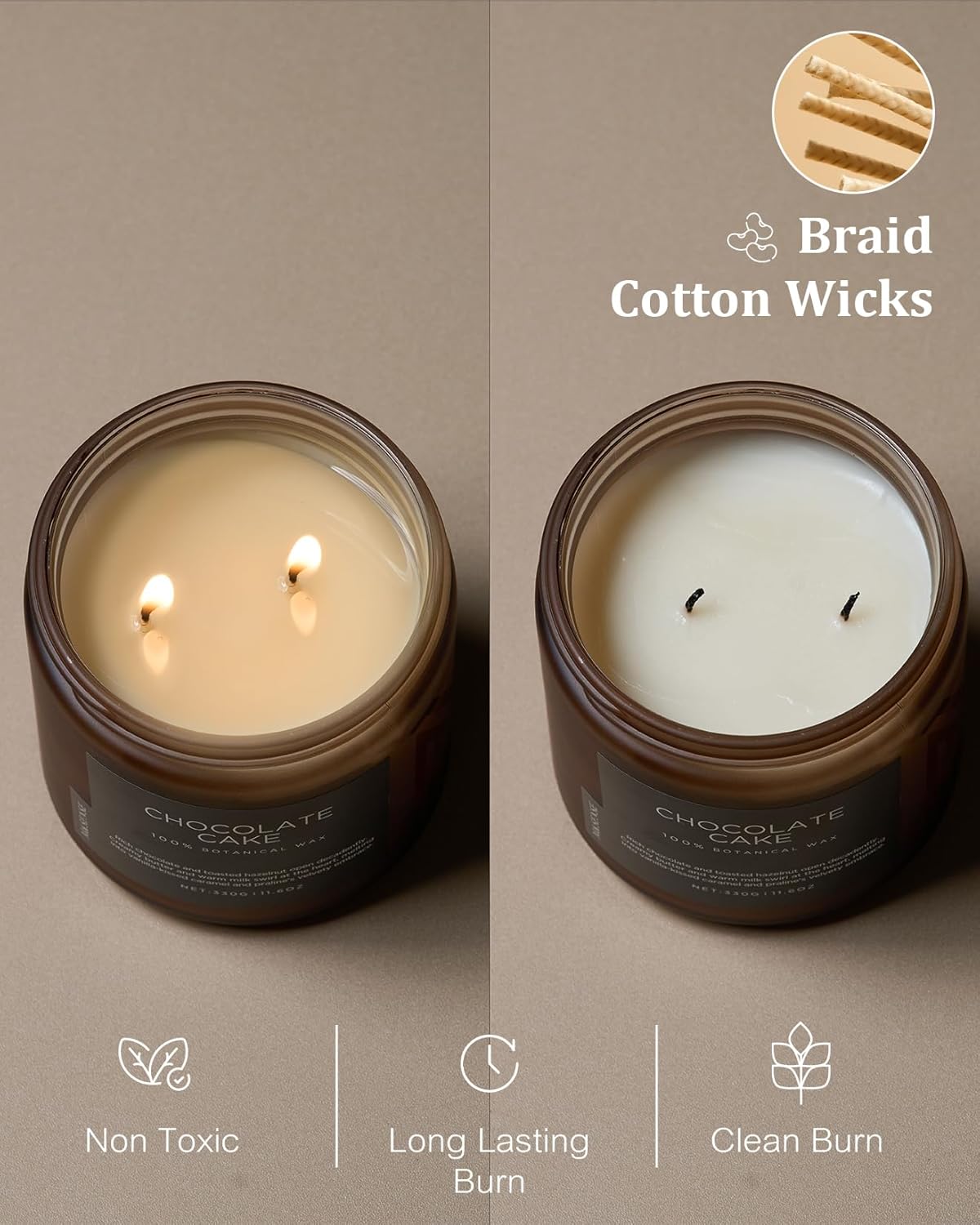 M&SENSE Chocolate Layer Cake Scent Candles, Large 11.6oz Natural Soy Wax 70 Hours Burn Time Clean Non Toxic Scented Classic 2 Wicks Candle for Bedroom Living Room Office