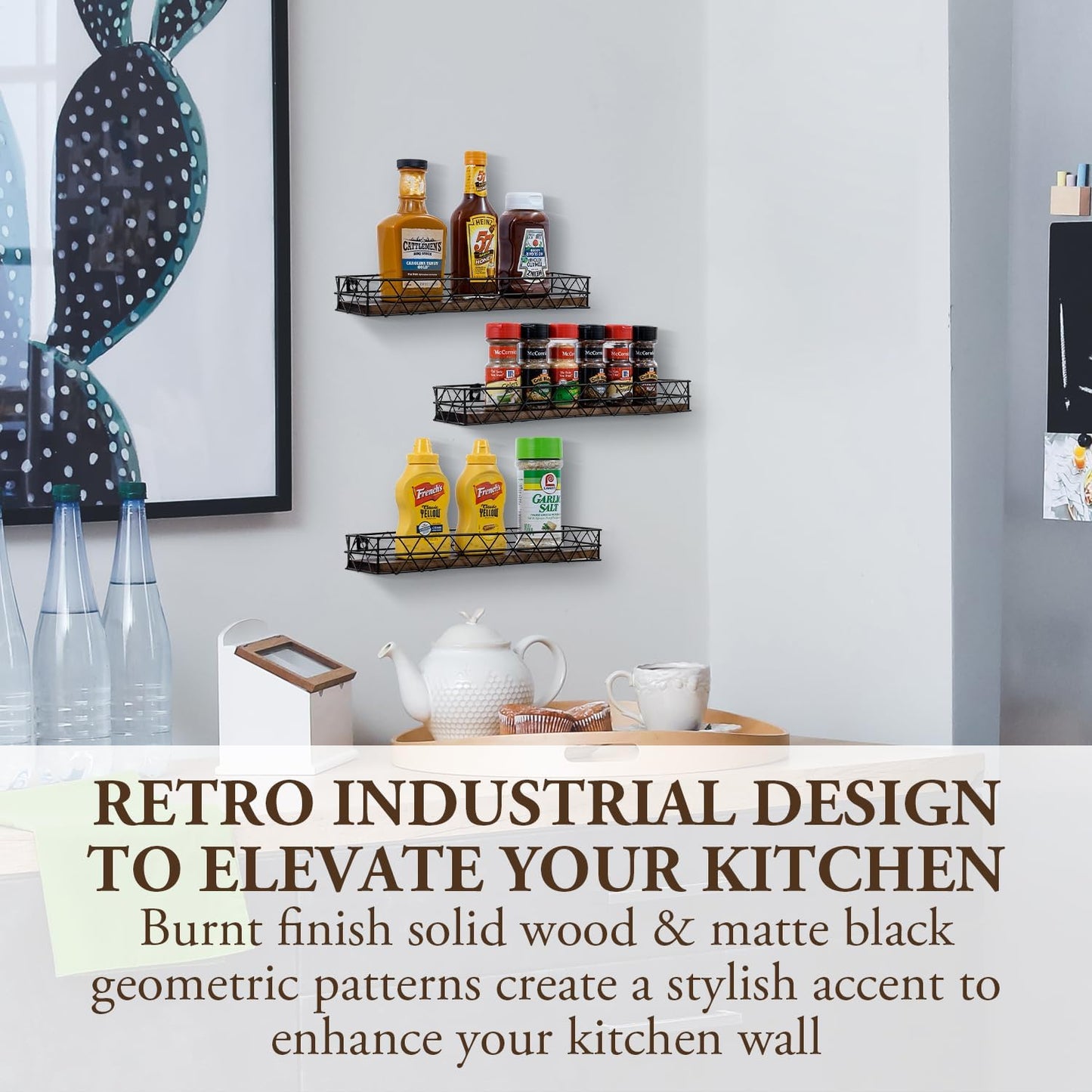 MyGift 14 Inch Wall Mounted Kitchen Spice Racks, Rustic Burnt Solid Wood and Black Metal Wire Geometric Hanging Organizers for Seasoning Jars or Condiment Bottles, Set of 3