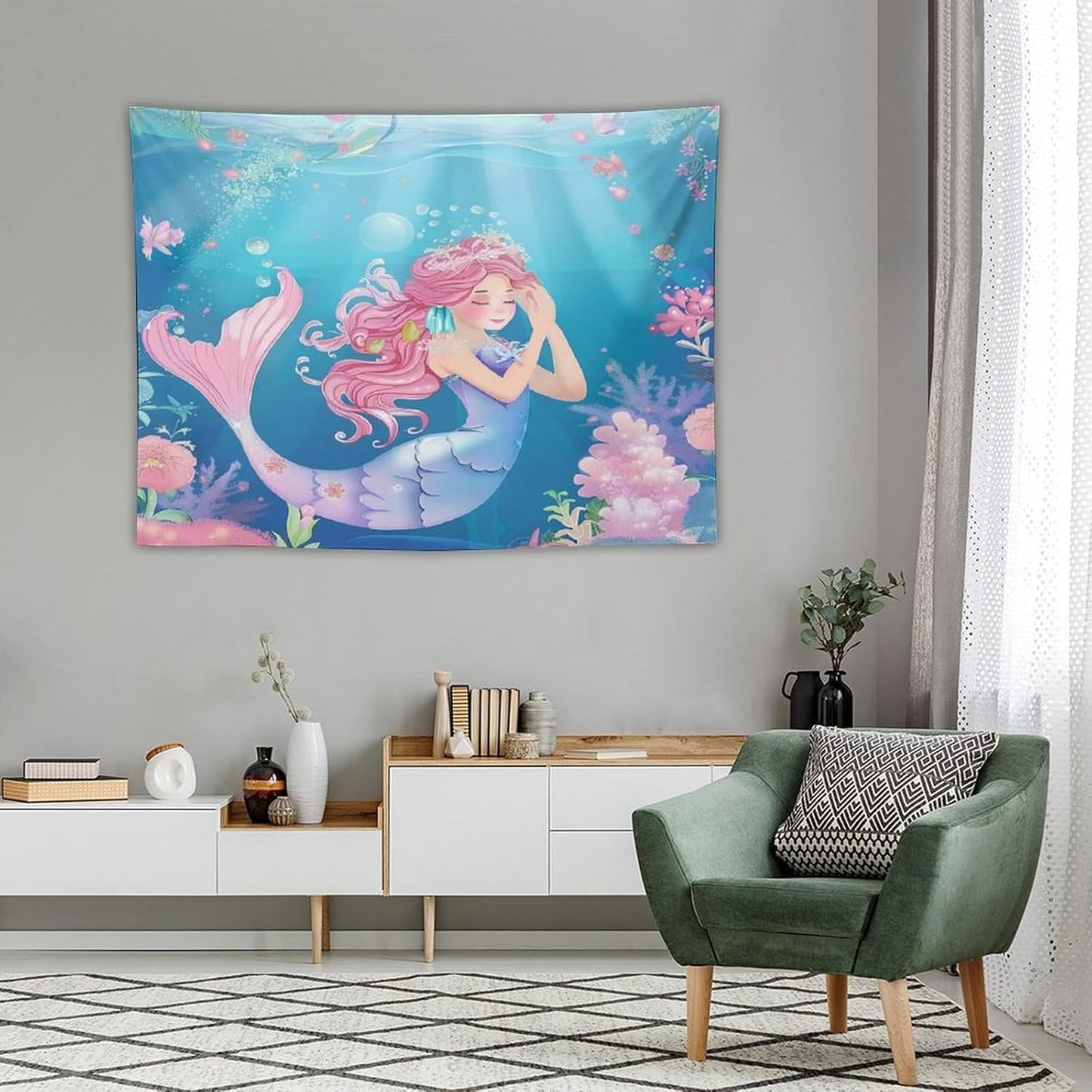 HZOHNAGO Mermaid Girls Tapestry Watercolor Flowers Mermaid Princess Blessing Pattern for Kids Room Decoration Printed Wall Tapestry Wall Hanging for Bedroom Living Room Dorm 40" W x 30" H