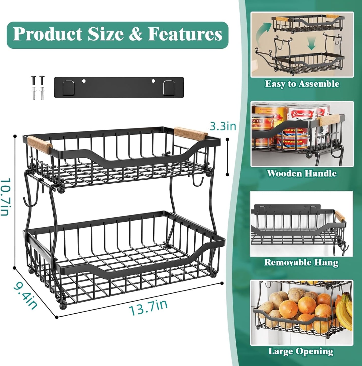 Giwil 2 Tier Countertop Fruit Basket for Kitchen, Vegetable Storage Bread Fruit Bowl Stand with 2 Banana Hangers, Wall Mounted Metal Wire Basket Organizer for Potato Onion, Black
