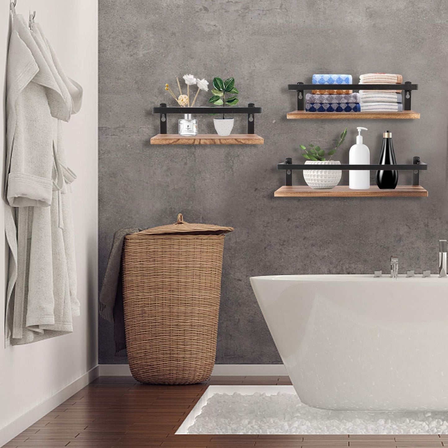 Floating Shelves Rustic Wood Wall Mounted Shelf Practical Metal Fence Design Ideal for Bedroom, Bathroom, Kitchen Set of 3(Carbonized Black)