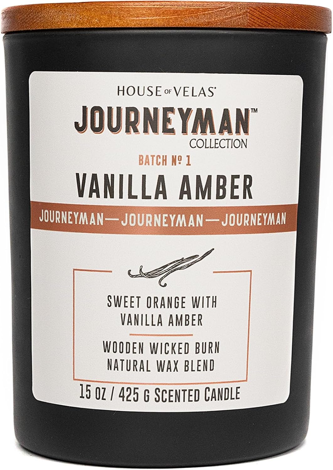 Journeyman Collection Candle, 15oz, Wooden Wick, Vanilla Amber, Large Painted Jar