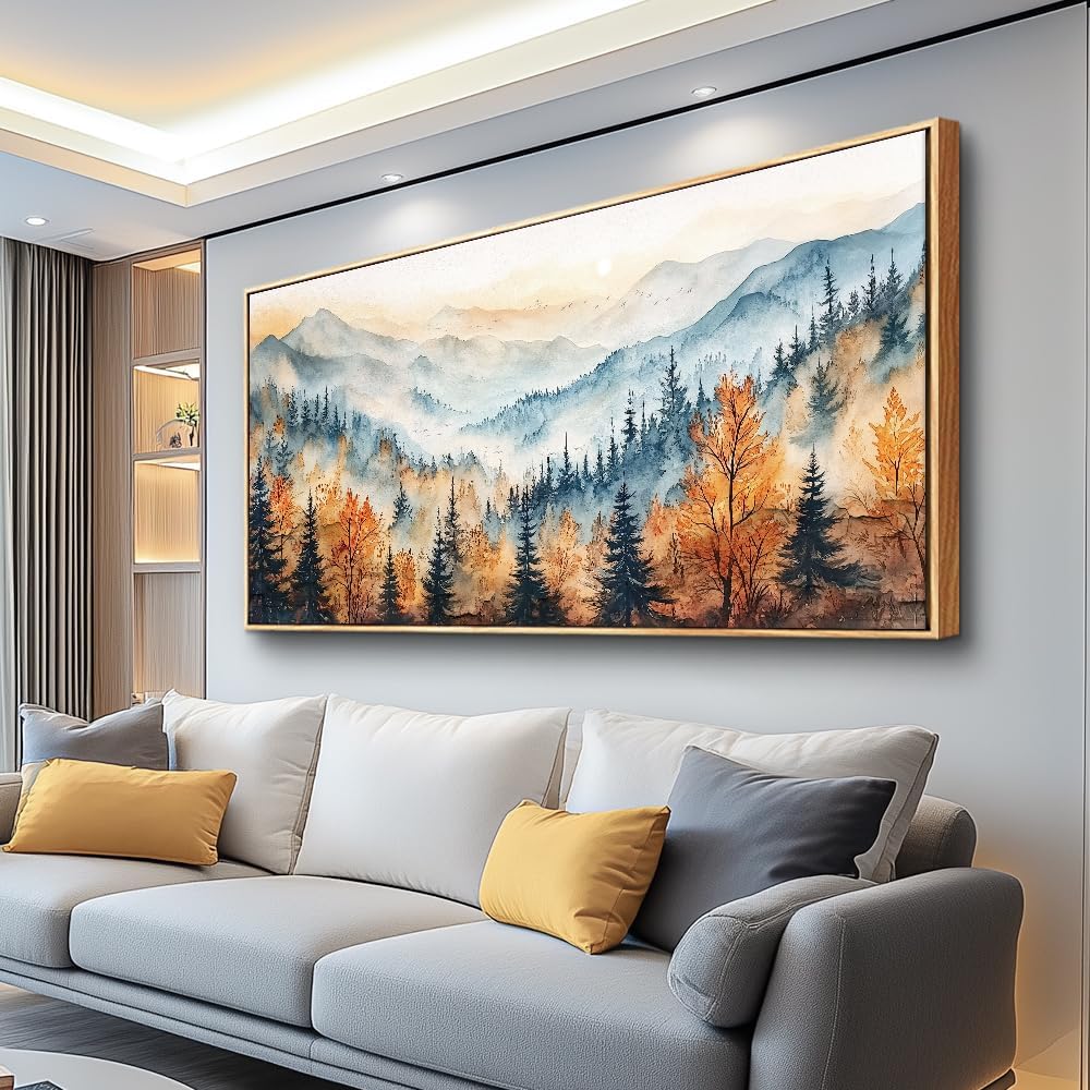 KELIYUAN Panoramic Wall Painting Canvas Wall Art For Living Room Large Wall Decor For Bedroom Abstract Mountain Forest Painting Pictures Office Decor Modern Room Home Decor Wood Framed 20"X40"