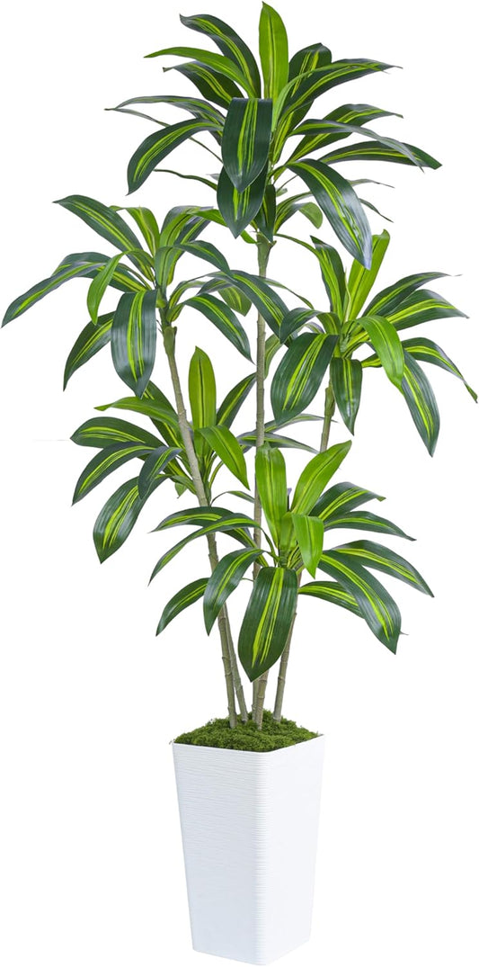 Artificial Dracaena Tree Artificial Silk Tree Faux Tree Fake Tropical Yucca Floor Plant with White Tall Planter (1, White Tall Planter, 6FT)
