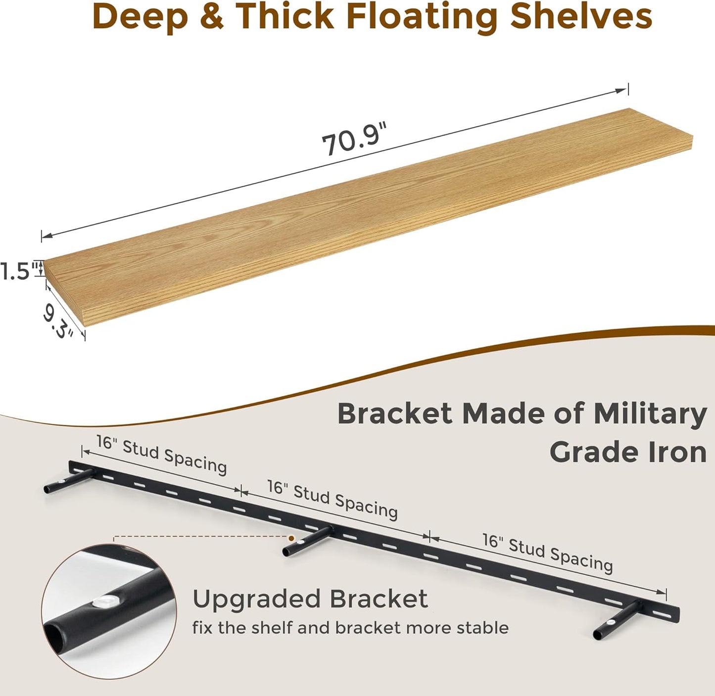 72 Inch Floating Shelves, 72 x 9 Rustic Wooden Fireplace Mantel, 9 Inch Floating Shelf for Wall, Farmhouse Wall Shelves for Home Storage & Display, Oak Color, Set of 1