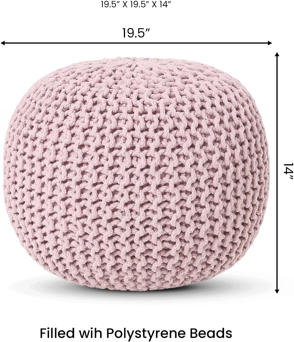 REDEARTH Round Pouf Ottoman - Hand Knitted Boho Poof Home Décor Pouffe Circular Footrest for Living Room - Bedroom - Lounge - 100% Cotton (19.5"x19.5"x14") - Pale Pink