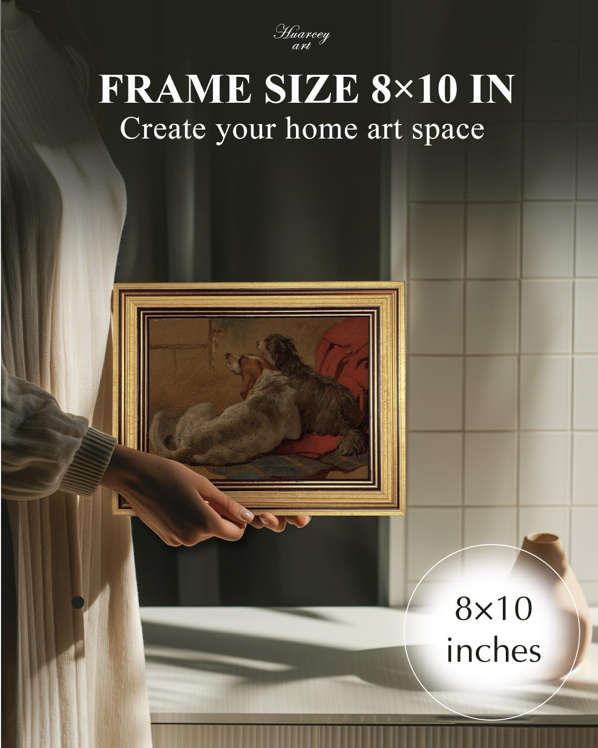 HUARCEY Gold Framed Vintage Wall Art for Living Room Dogs Oil Painting Wall Decor– Cozy Pet-Themed Aesthetic Room Decor for Bedroom Prints Study Classic Animal Artwork Gift for Dog Lovers 8"x10"