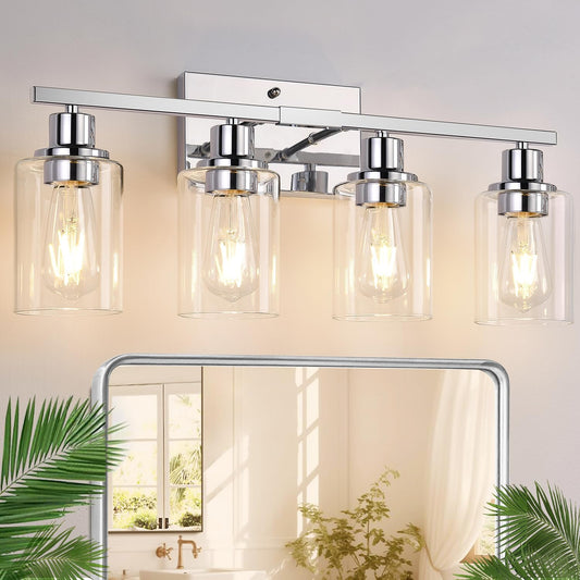4 Light Bathroom Light Fixtures, Chrome Vanity Lights with Clear Glass Shades, Modern Bathroom Light Fixtures Over Mirror, Modern Bathroom Wall Lamp for Mirror Living Room Cabinet