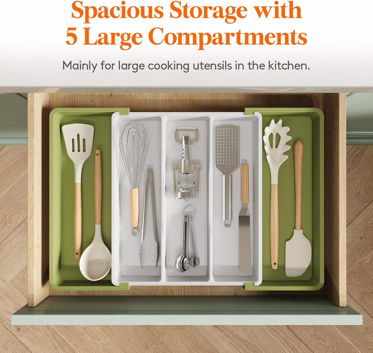 Lifewit Utensil Organizer for Kitchen Drawers, Expandable Cooking Utensil Tray, Adjustable Cutlery Silverware Flatware Holder, Plastic Spatula Tools and Gadgets Storage Divider, Large, Green&White