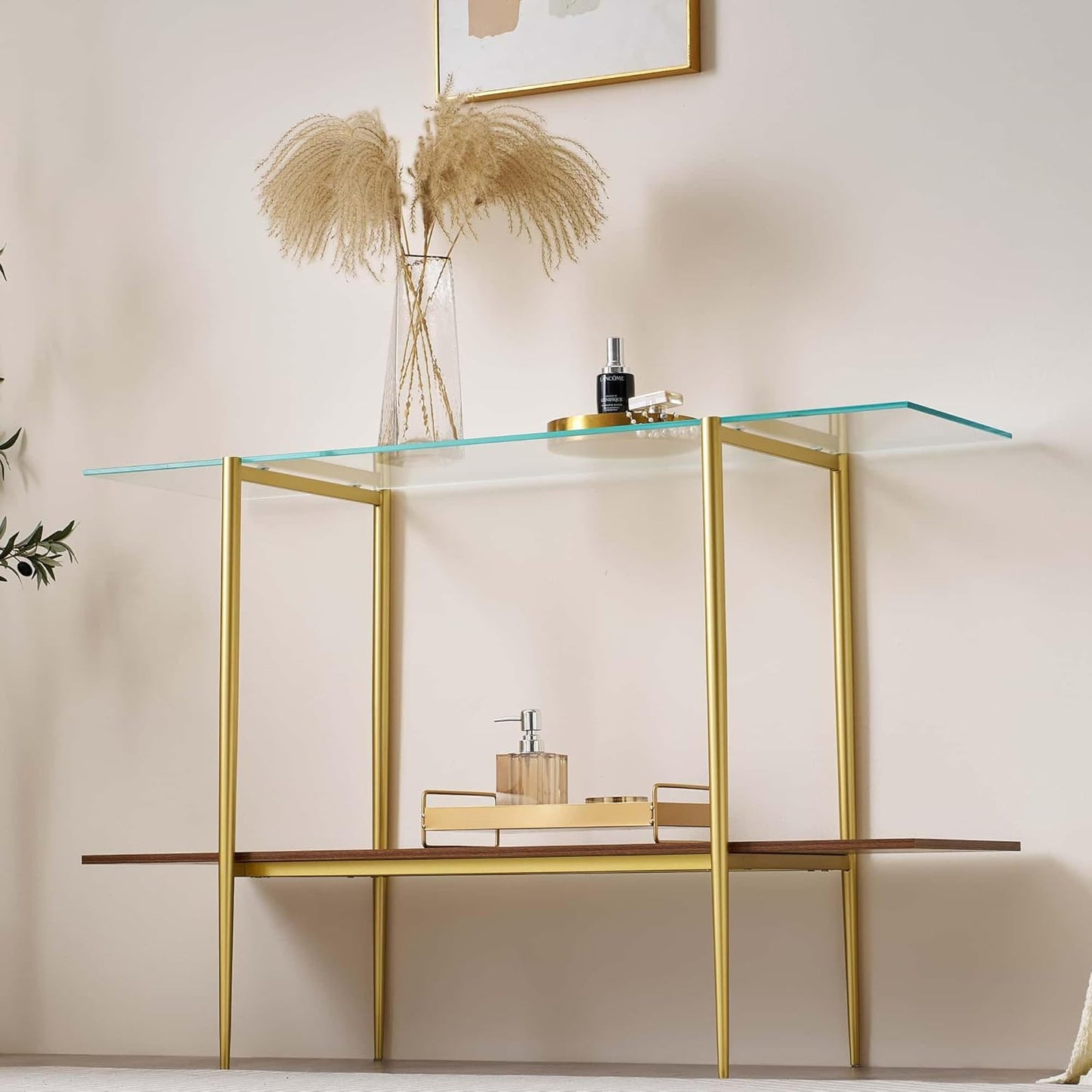 Extra Large Glass Console Table for Living Room, Foyer & Entrance, L47 x W16 x H31, Mid-Century Modern Sofa Table with Clear Glass Top, Walnut Finish Wood Top and Gold Finish Metal Frame