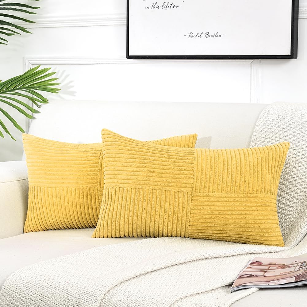 Fancy Homi 2 Packs Yellow Long Lumbar Decorative Throw Pillow Covers 12x24 Inch for Couch Bed Sofa, Rustic Farmhouse Boho Home Decor, Soft Striped Corduroy Rectangle Accent Cushion Case 30x60 cm