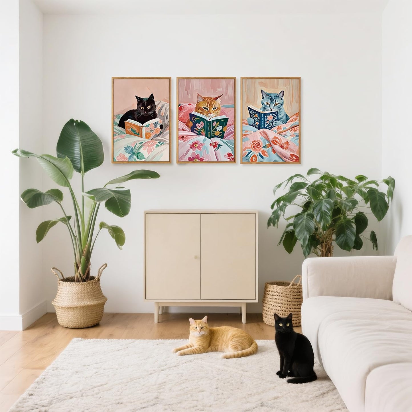 HPNIUB Framed Vintage Black Cats Canvas Wall Art, Funny Animal Reading Books Poster Printing Pictures, Pink Cute Cat Lovers Wall Decor for Girls Room Bedroom Kids Room Living Room Classroom- 24 x36 x3