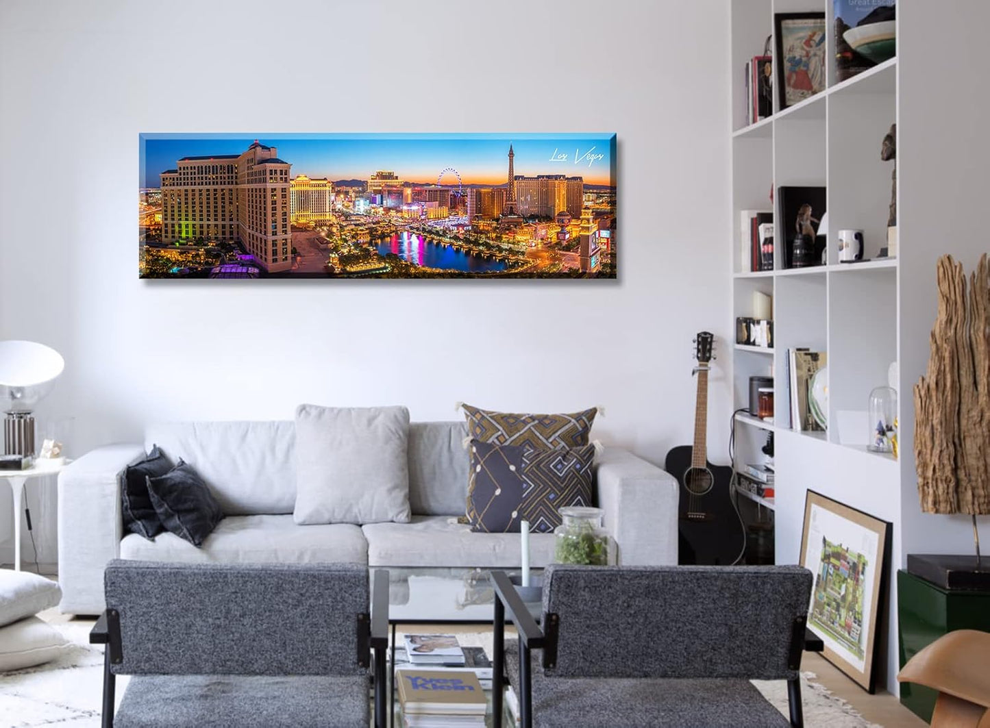 Las Vegas Skyline Wall Art Cityscape Canvas Prints City Modern Building Posters Bellagio Fountain Skyscraper Night View Panoramic Pictures for Home Office Living Room Decor Framed 13.8"x45.3"