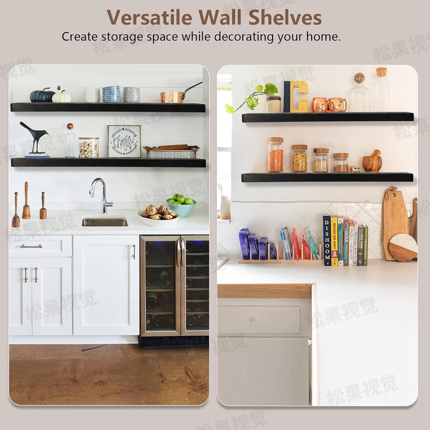 Solid Wood Floating Shelves Set of 2 - Natural, Warp & Crack Resistant 23.62 Inch Wall Shelf with Invisible Brackets Thicker, More Durable for Bathroom, Bedroom, Kitchen, Living Room (Black, 23.62)