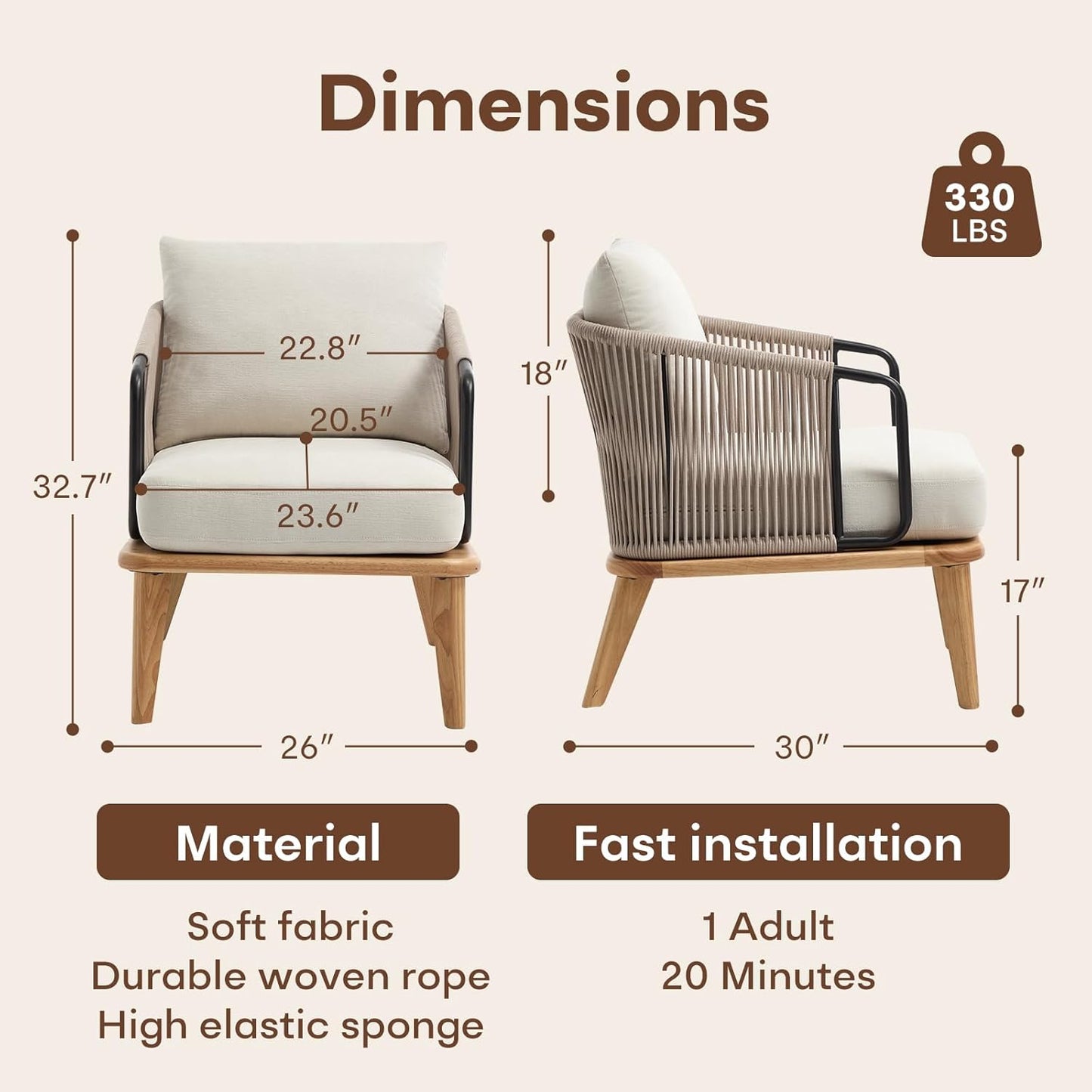 ANJ Accent Chair Set of 2,Mid-Century Modern Reading Chair with Braid Armrests, Armchair for Living Room Bedroom Outdoor