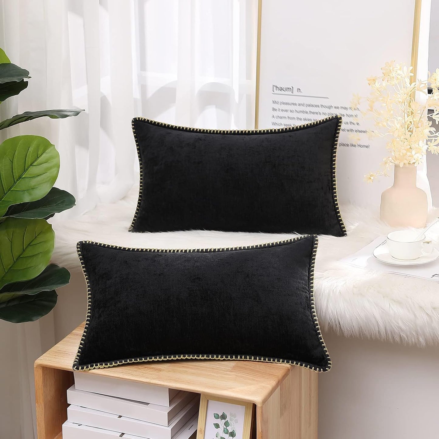 decorUhome Chenille Soft Throw Pillow Covers 12x20 Set of 2, Lumbar Velvet Farmhouse Neutral Decorative Euro Pillow Covers with Stitched Edge for Couch Sofa Bed Home Decor, Black