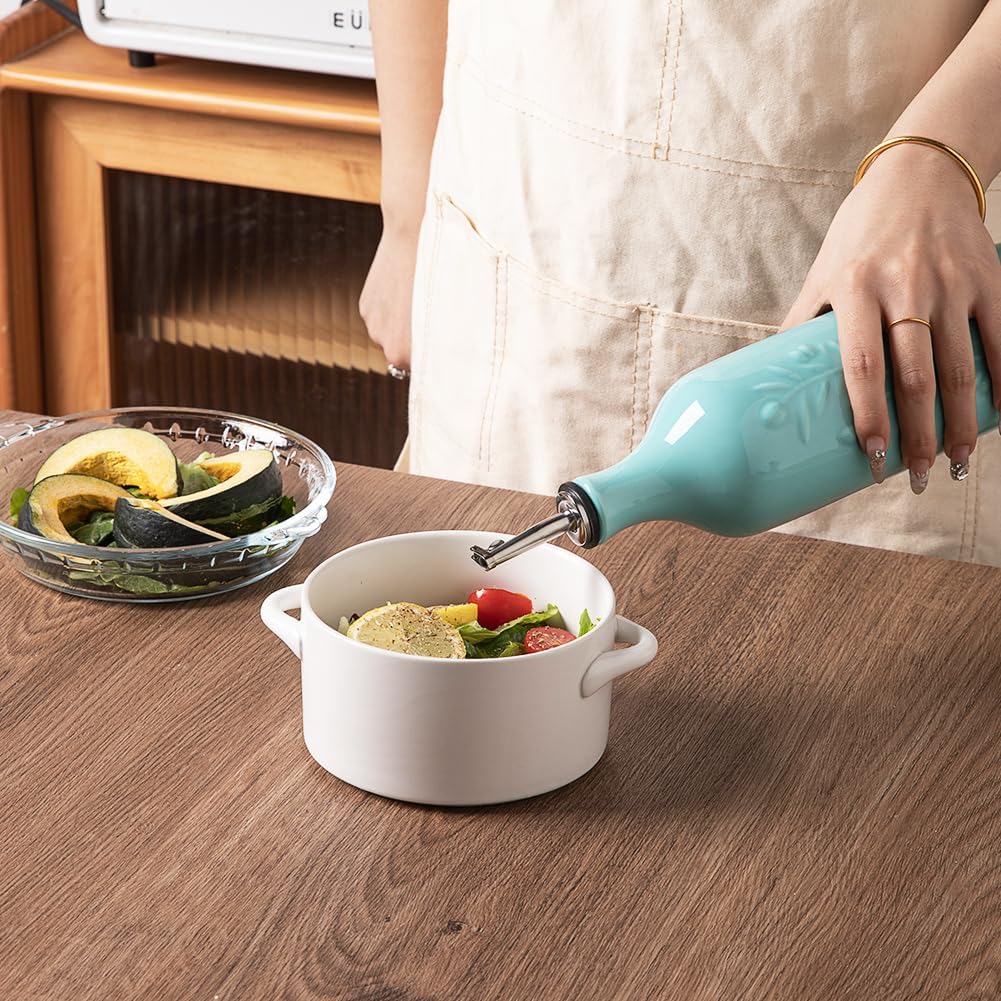 Sweejar Large Olive Oil Dispenser Bottle with Spout, 24 Oz Ceramic Oil Dispenser for Kitchen, Relief Opaque Oil Cruet, Oil Container for Cooking, EVOO, Avocado Oil, Vinegar, Pack of 1(Turquoise)