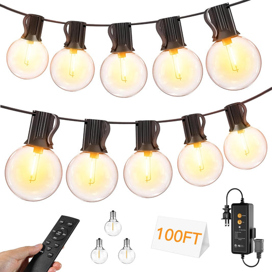 Outdoor Lights with Remote Dimmer, 50 + 3 Spare G40 LED Bulbs Plug in Connectable Patio Light, Waterproof Hanging Lights for Backyard Indoor Camping Balcony Yard Deck Decor (100 FT)