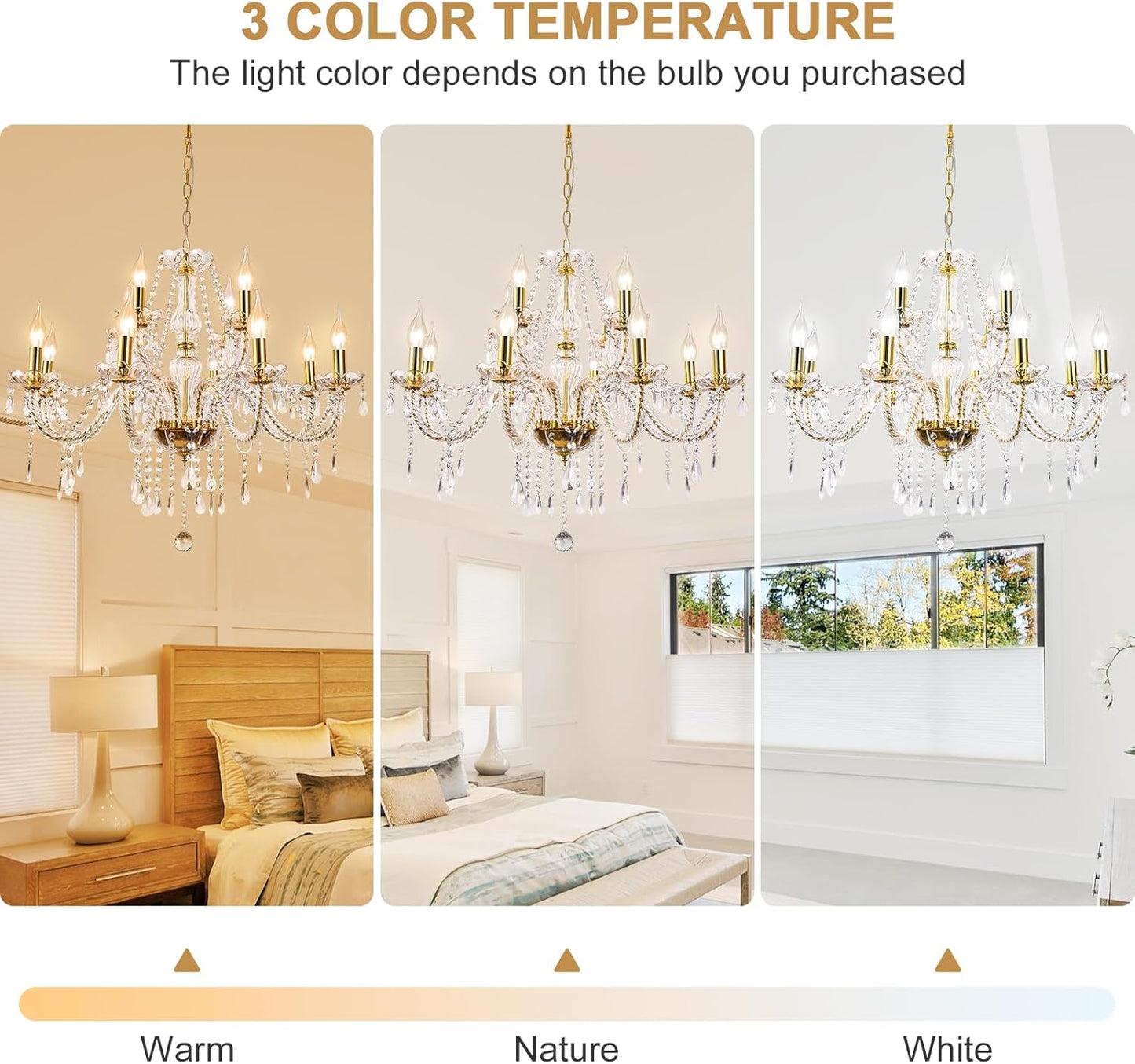 Modern Elegant 8 Lights K9 Crystal Glass Chandelier Golden Pendant Ceiling Lighting European Style for Dining Living Room Bedroom Transparent, 8 E12 Bulbs Required