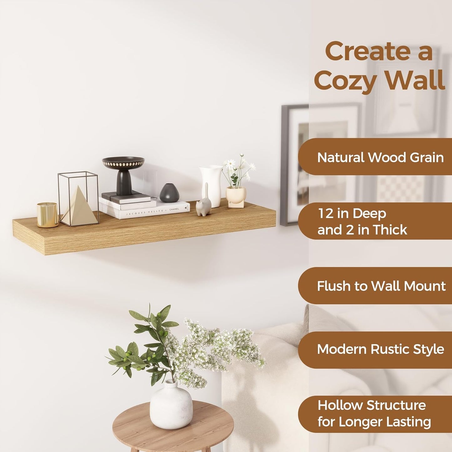 30 Inch Floating Shelves, 12 Inch Deep Floating Shelves for Wall, Rustic Wood 30 x 12 Shelves for Wall Storage & Display, 2 Inch Thicked Floating Shelf for Bathroom, Living Room, Oak Color, 2 Pack