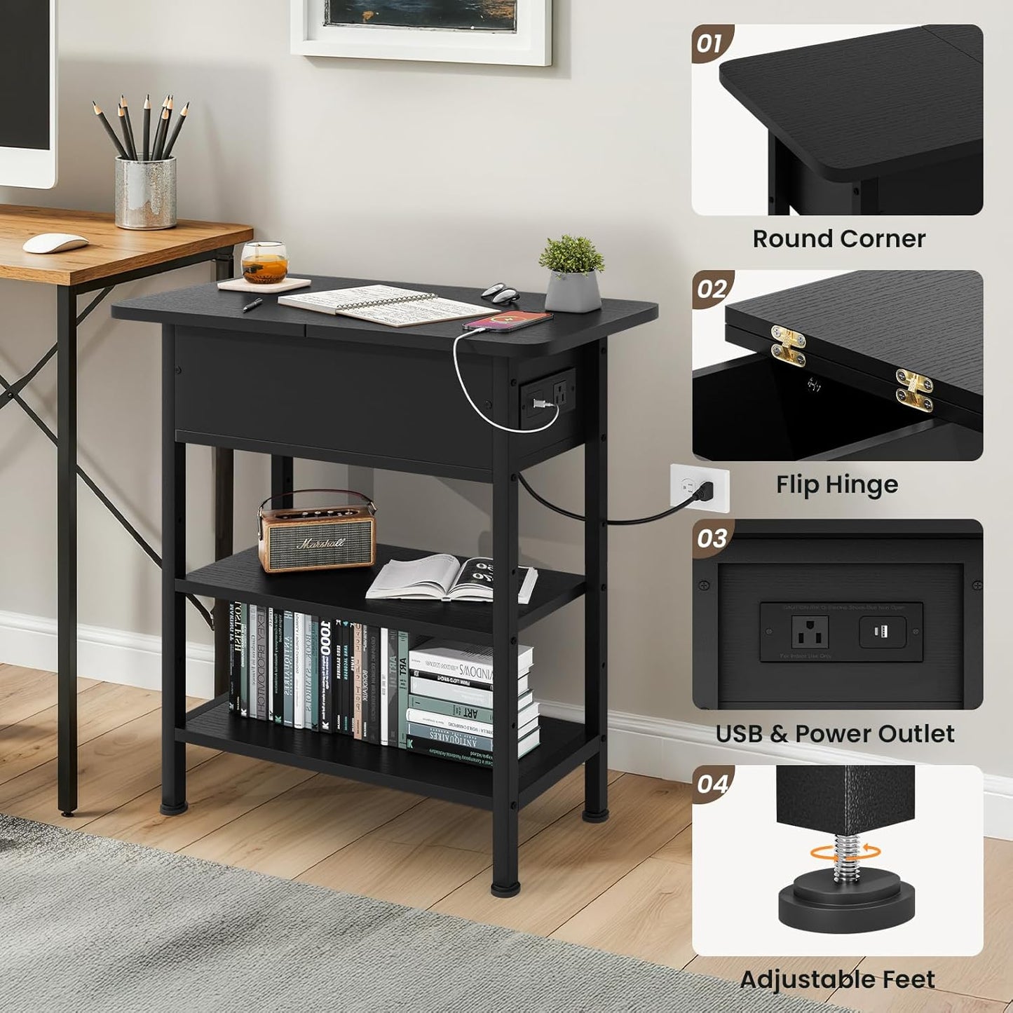 End Table with Charging Station, Flip Top Side Table with USB Ports and Outlets, 3-Tier Small Side Table with Storage for Small Space, End Tables for Living Room/Bedroom, Black