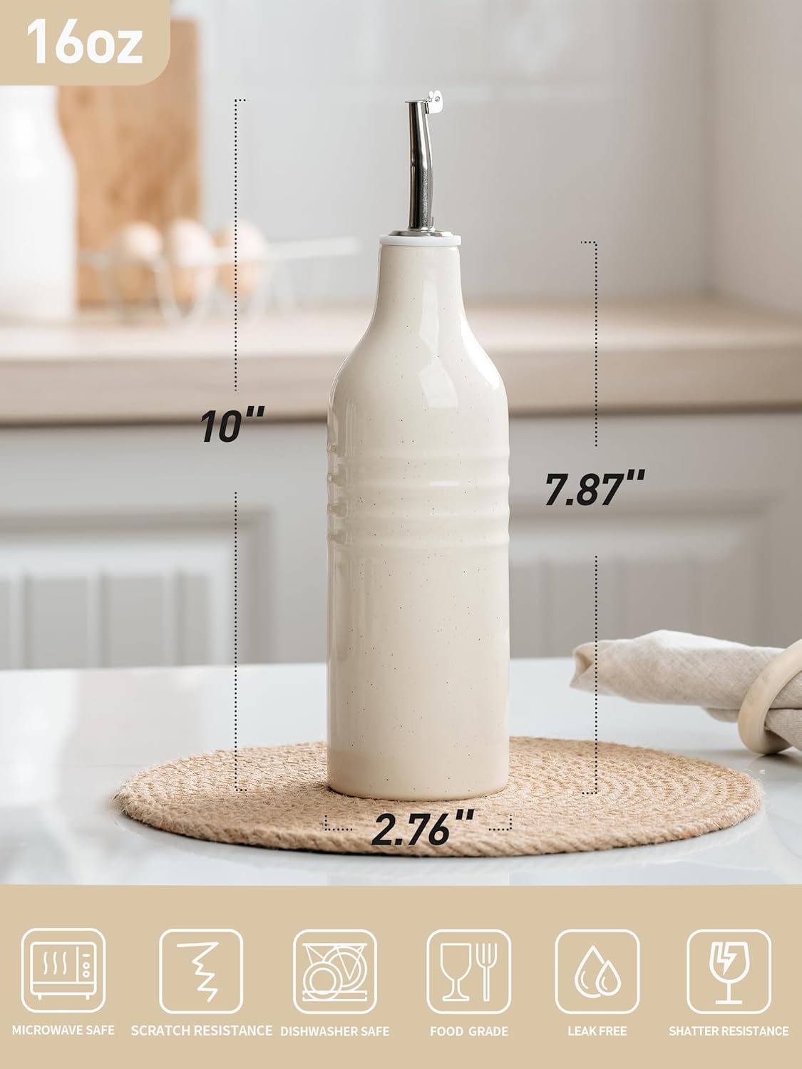 famiware Jupiter 16oz Ceramic Olive Oil Dispenser Bottle, 1 Piece Oil Dispenser for Kitchen with Stainless Steel Pourers, Suitable for Storage Vinegar, Soy Sauce, Coffee Syrup, Vanilla White