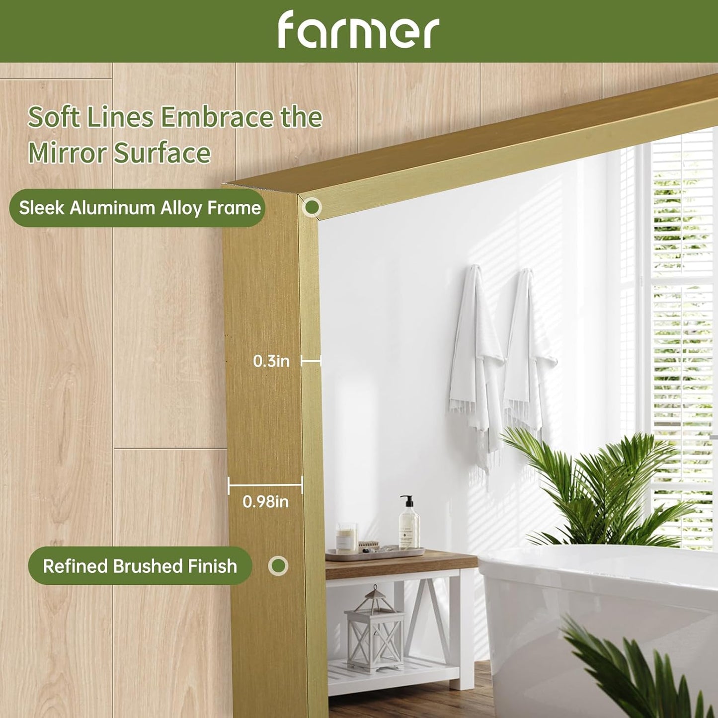 FARMER 20x28 Inch Gold Bathroom Mirror, Rectangle Wall Mounted Mirror, Vanity Mirror, Brushed Square Mirror, Framed Bathroom Mirror for Bedrooms, Entryways, Living Rooms, Horizontal/Vertical