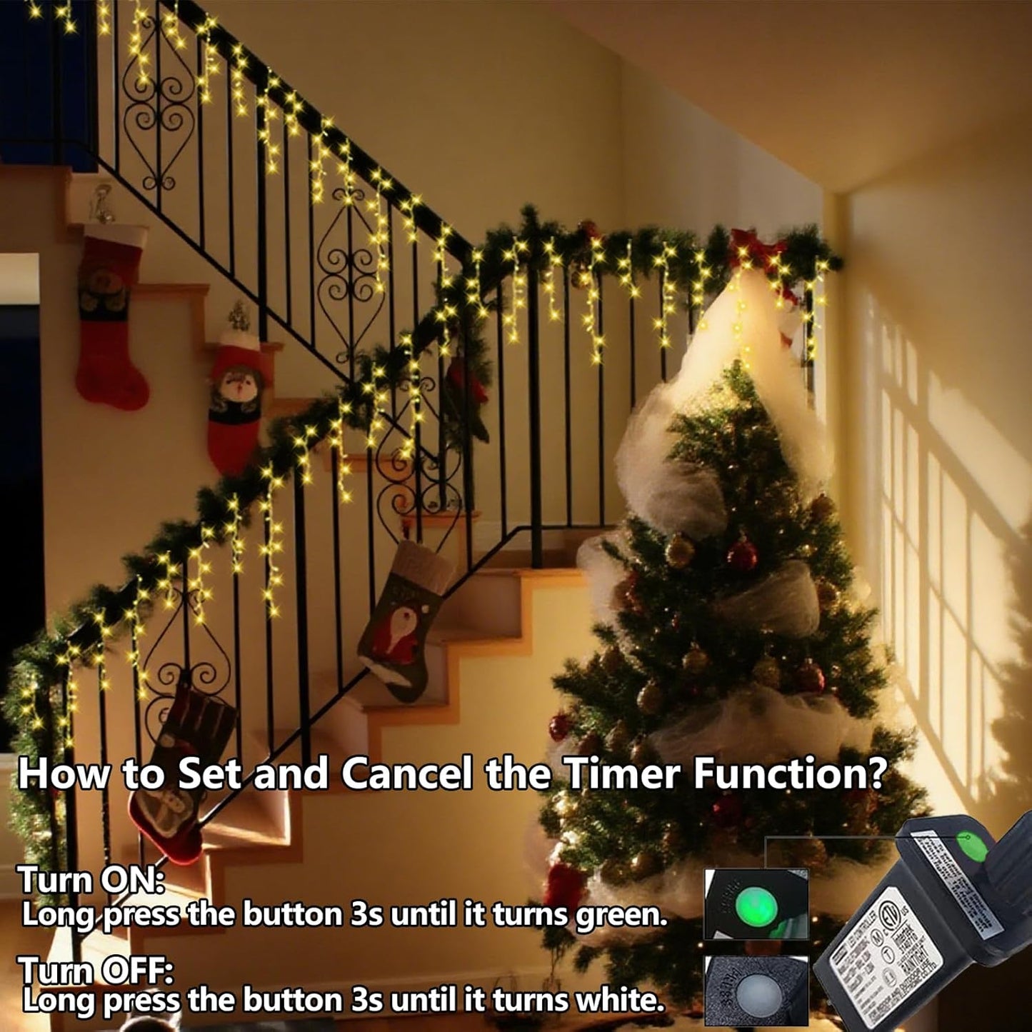 QITONG Warm White Icicle Lights for Outside, 33ft 400 LED Christmas Lights Indoor with 8 Modes, Clear Wire Connectable String Lights Plug in