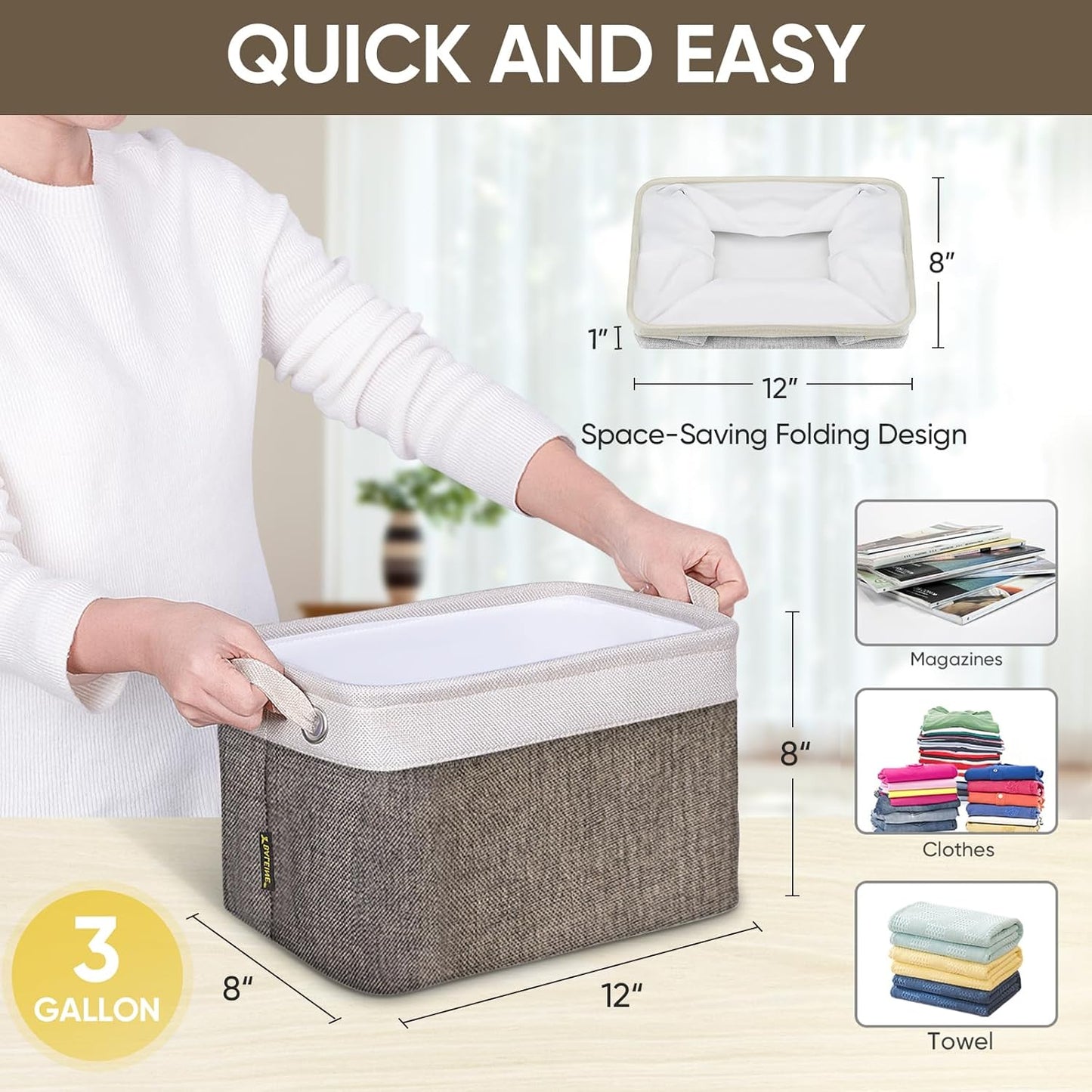 BALEINE 4 Pack Fabric Storage Bins for Shelves, Linen Storage Baskets for Organizing, Decorative Closet Bins for Clothes, Home (Brown, 12"x8"x8")