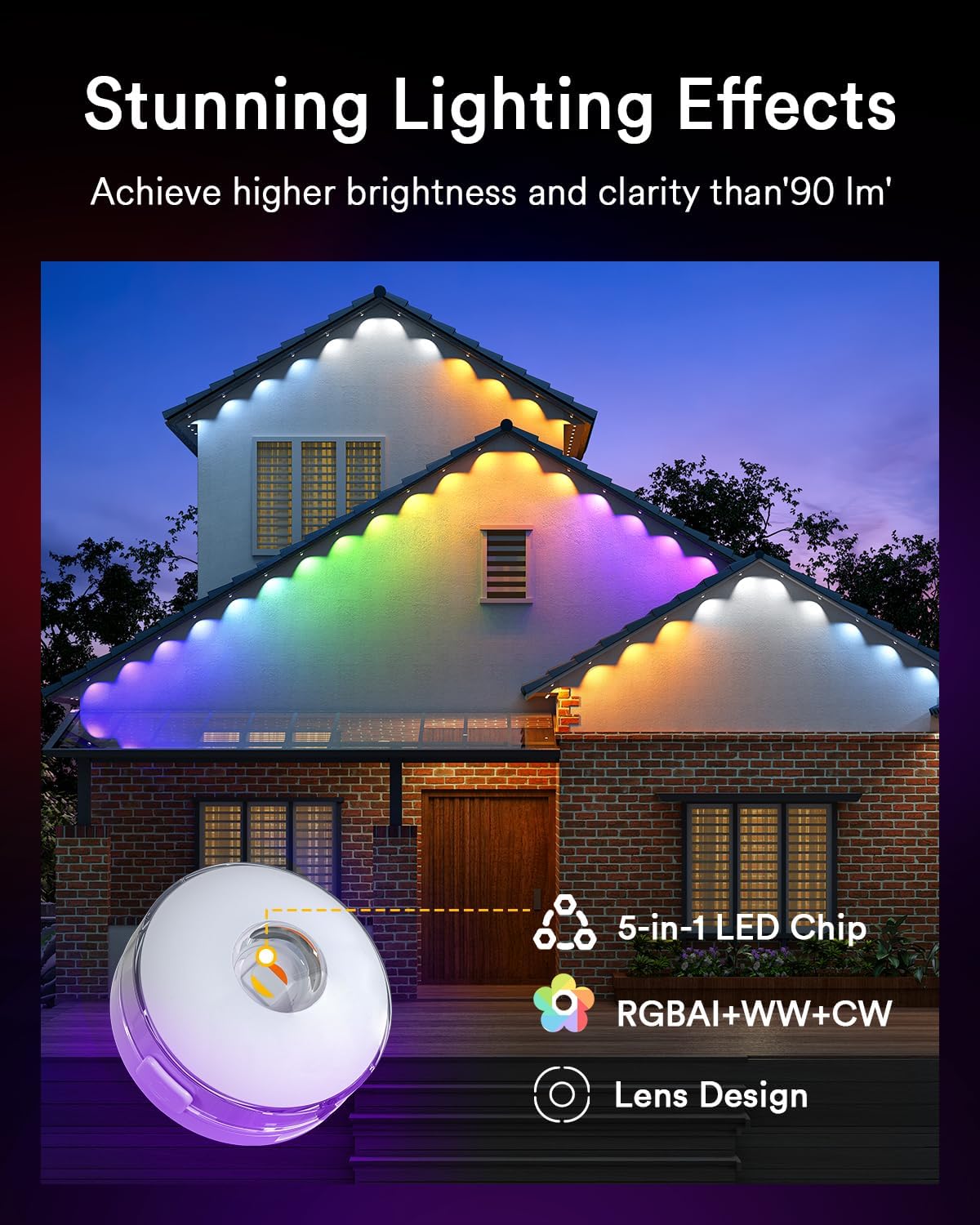 Lumary Permanent Outdoor Lights Max 158ft with 120 LED Eave Lights RGBAICW 7200lm, IP67 Waterproof, IC Control and Scene Modes for Halloween Christmas Decoration, Works with Alexa and Google Assistant