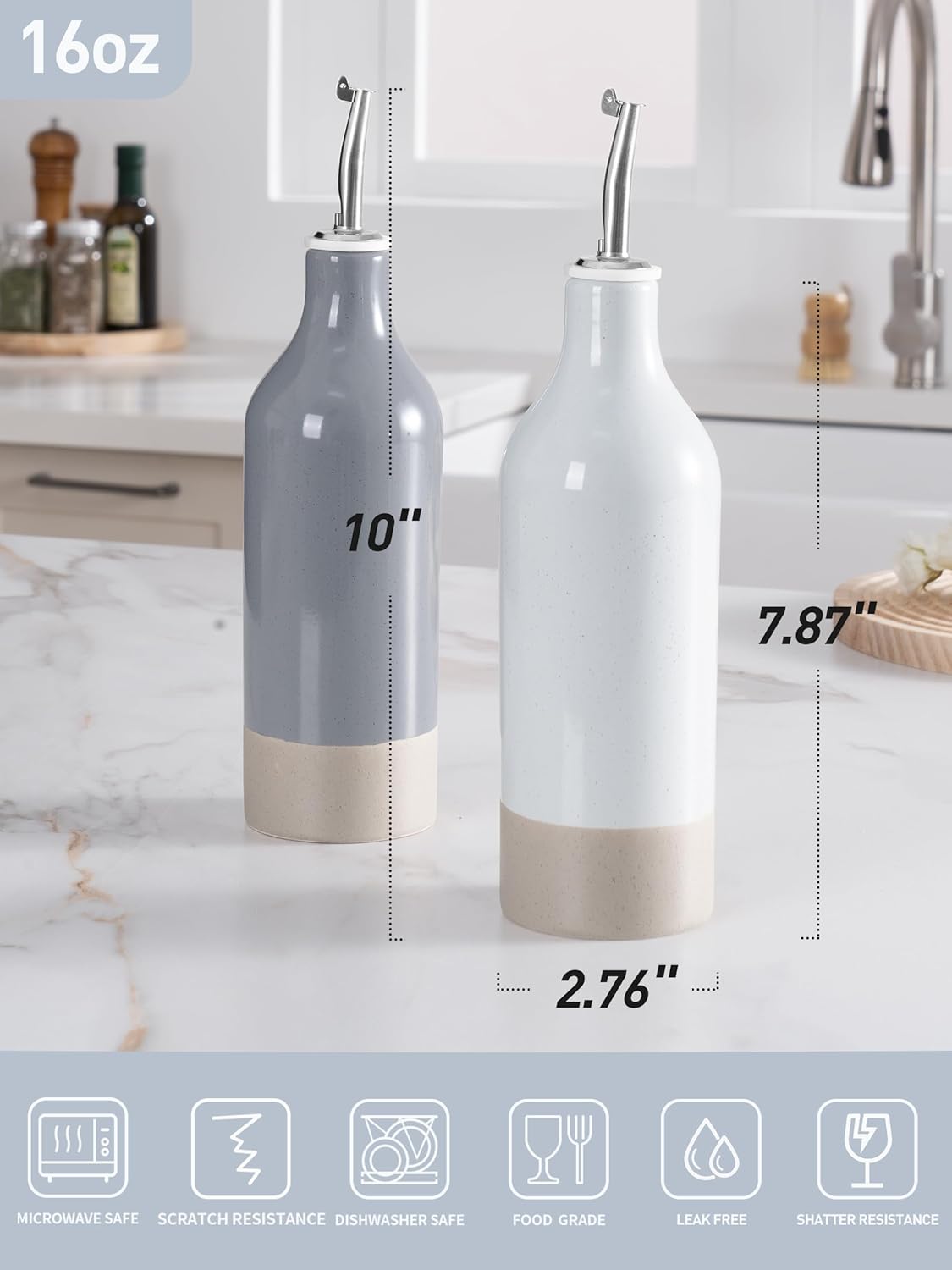 famiware Milkyway 16oz Ceramic Olive Oil Dispenser Bottle, Olive Oil and Vinegar Dispenser Bottle Set of 2 with Stainless Steel Pourers, Suitable for Storage Vinegar, Liquids, Light Gray and Dark Gray