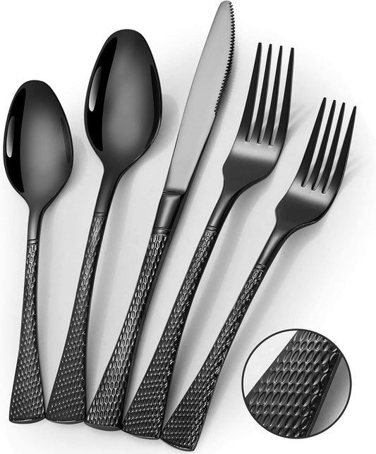 Hammered Black Silverware Set,20 Piece Modern Flatware Set Service for 4,Mirror Polished Stainless Steel Cutlery Set Utensil Set Tableware Set,Kitchen Knives Forks Spoons Set,Dishwasher Safe