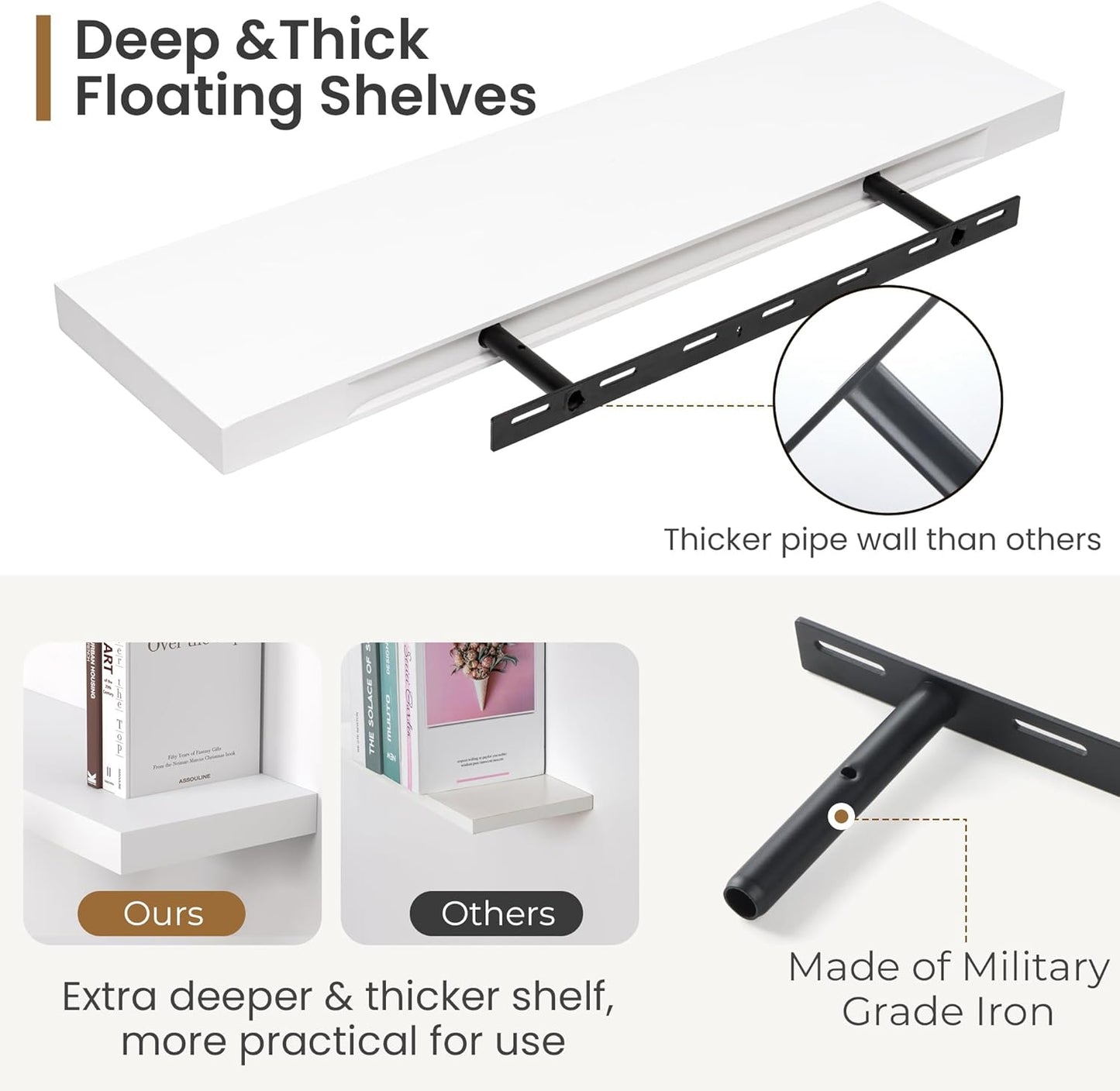 Fun Memories Farmhouse Floating Shelves - 8 Inch Deep Rustic Wood Wall Shelf - Premium Solid Pine Wood Storage Shelf for Kitchen Living Room Bedroom - 30" W x 8" D - Set of 2 - White