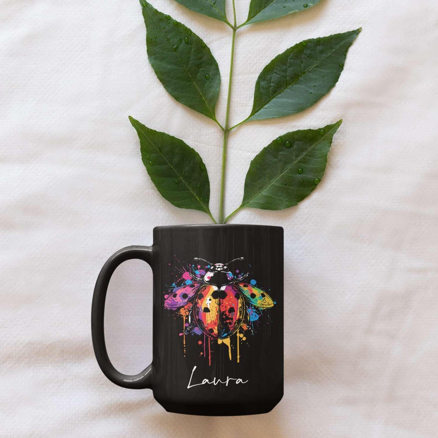 Personalized Choose Name Ladybug Coffee Mug, Colorful Ladybug Animal Design Cup, Customized Ladybug Lover Ceramic Mug, Gift For Christmas, Custom Animal Black Cup 11oz 15oz, Ladybug Mug