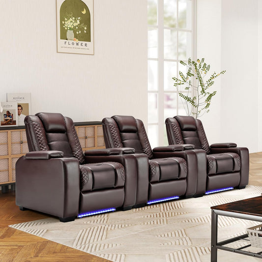 ANJ Power Home Theater Seating Set of 3, Brown Faux Leather Electric Recliner Chair with Powered Headrest, Dual Motors Movie Reclining Chairs with LED Lights,USB Port,Cup Holders, Hidden Arm Storage