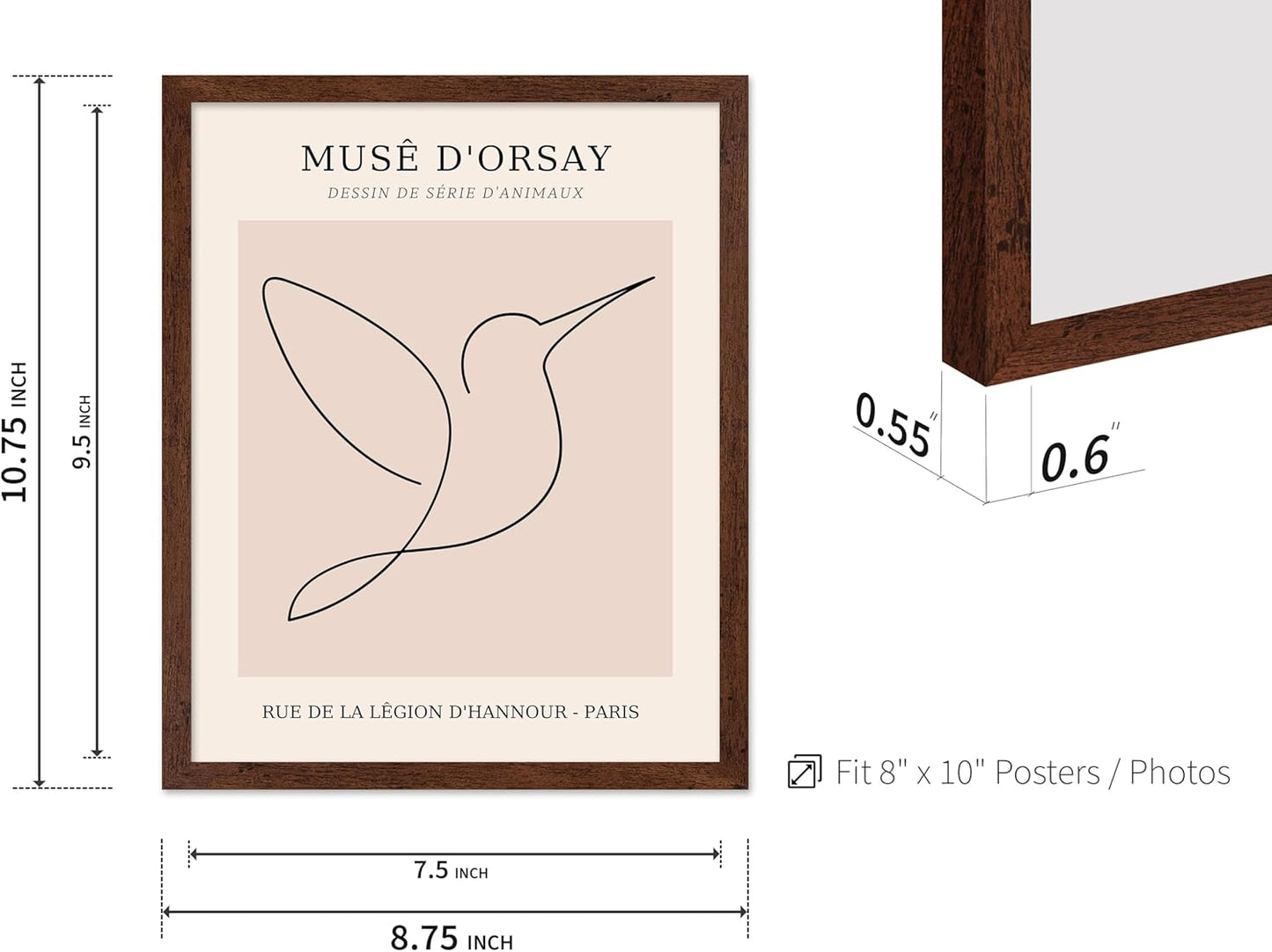 Poster Master Vintage Poster - Retro One Line Hummingbird Drawing Print - Bird Line Art - Minimal Gift for Him, Her, Animal Lover - Abstract Decor for Home, Office, 16x20 Brown Framed