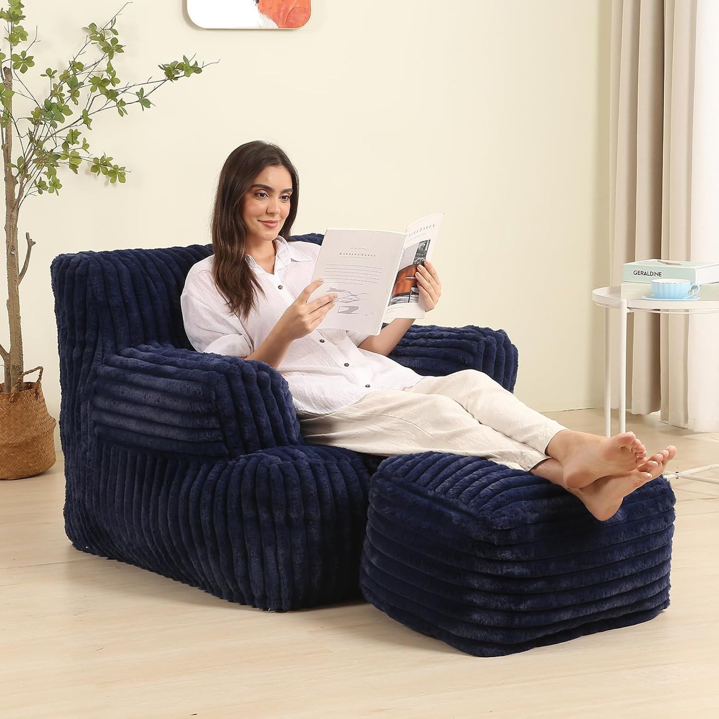 Comfy Gaint Bean Bag Chair with Ottoman, Fluffy Huge Bean Bag Armchair for Adults and Teens, Dark Blue