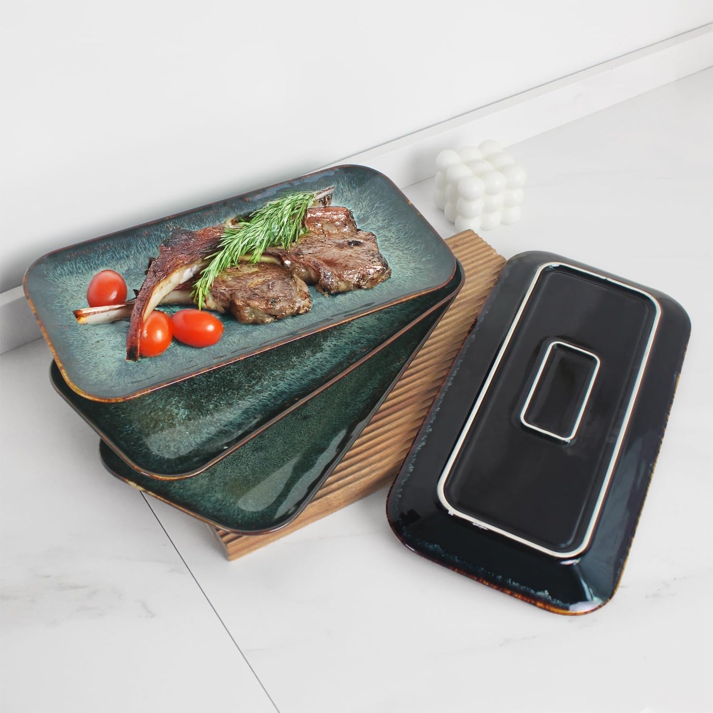 Ceramic Serving Dinner Plate Set, 4-Piece for Main Meals, Tacos, Lunches, Snack, Platters - Microwave and Dishwasher Safe, Scratch Resistant, Kitchen Serving Dinnerware, Black 12.4 Inch