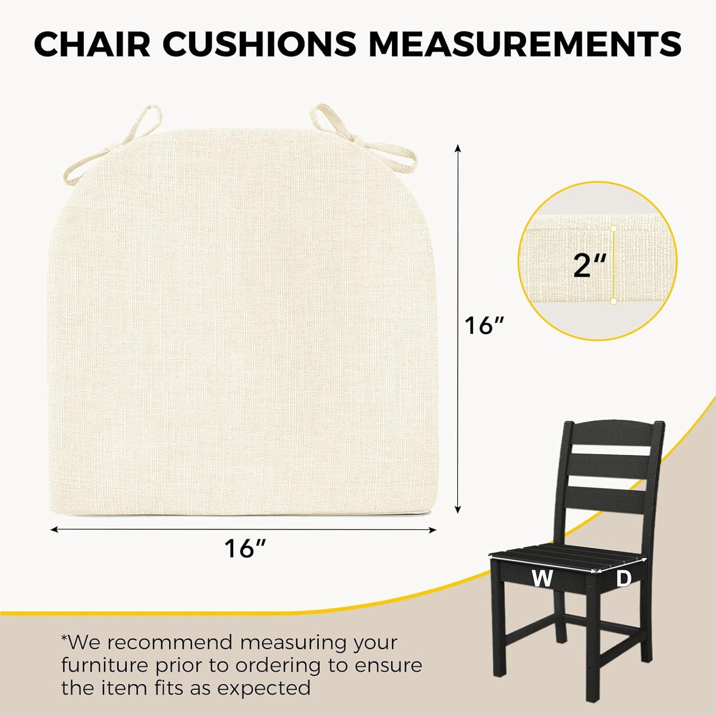 downluxe Indoor Chair Cushions for Dining Chairs, Foam Kitchen Chair Pads with Ties and Non-Slip Backing, 16" x 16" x 2", Beige, 6 Pack