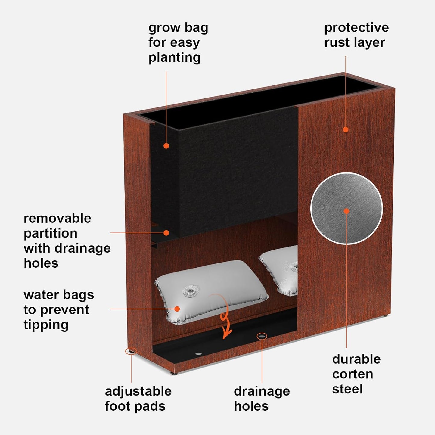 Large Corten Steel Planter Box Outdoor, 30" H x 34" W x 10" D,Tall Rectangular Metal Rusted Planters with Grow Bag,Naturally Rusting Steel Flower Pot,Rustic Décor for Patio,Garden,Deck,Backyard