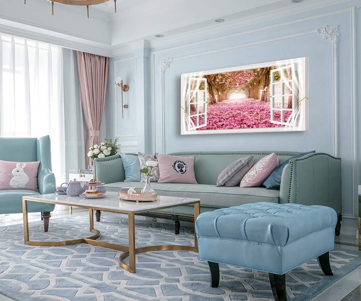 AH40162 Wall Art CanvasTrees and Pink Rose Paintings Printed Pictures Stretched and Framed Canvas Paintings Ready to Hang for Home Decorations Office Wall Decor Artwork