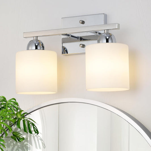 Stainless Steel Milk Glass Vanity Lights for Bathroom, 2 Light Chrome Bathroom Light Fixtures Over Mirror, Ceramic E26 Sockets Wall Mounted