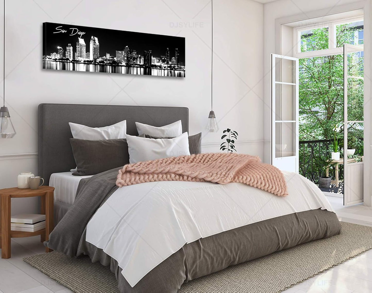 DJSYLIFE San Diego Skyline Wall Art Black and White Night View USA Cityscape California Pictures Artwork Painting Poster for Bedroom Office Decoration Stretch Framed Ready to Hang 13.8"x47.3"