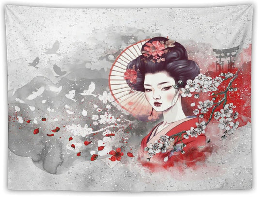 Japanese Geisha Tapestry Asian Red Cherry Blossom Traditional Kimono Folk Tapestries Home Decor for Living Room Bedroom Apartment Farmhouse Dorm 60"x50"