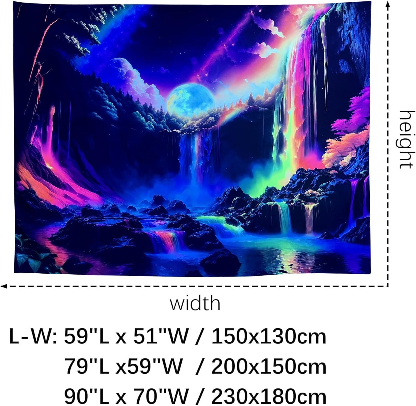 OSVINO Blacklight Rainbow Waterfall Tapestry 59"x51" UV Reactive Trippy Wall Hanging Rainbow Aesthetic Waterfall Wall Posters Bedroom Spiritual Room Decor