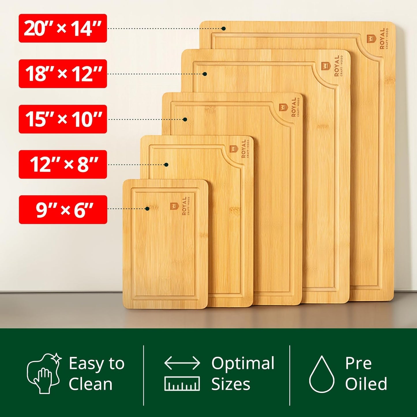 ROYAL CRAFT WOOD Wooden Serving Boards for Kitchen Meal Prep&Bamboo Wood Cutting Board Set with Deep Juice Groove Side Handles-Charcuterie & Chopping Butcher Block for Meat-Kitchen Gadgets Gift (5Pcs)