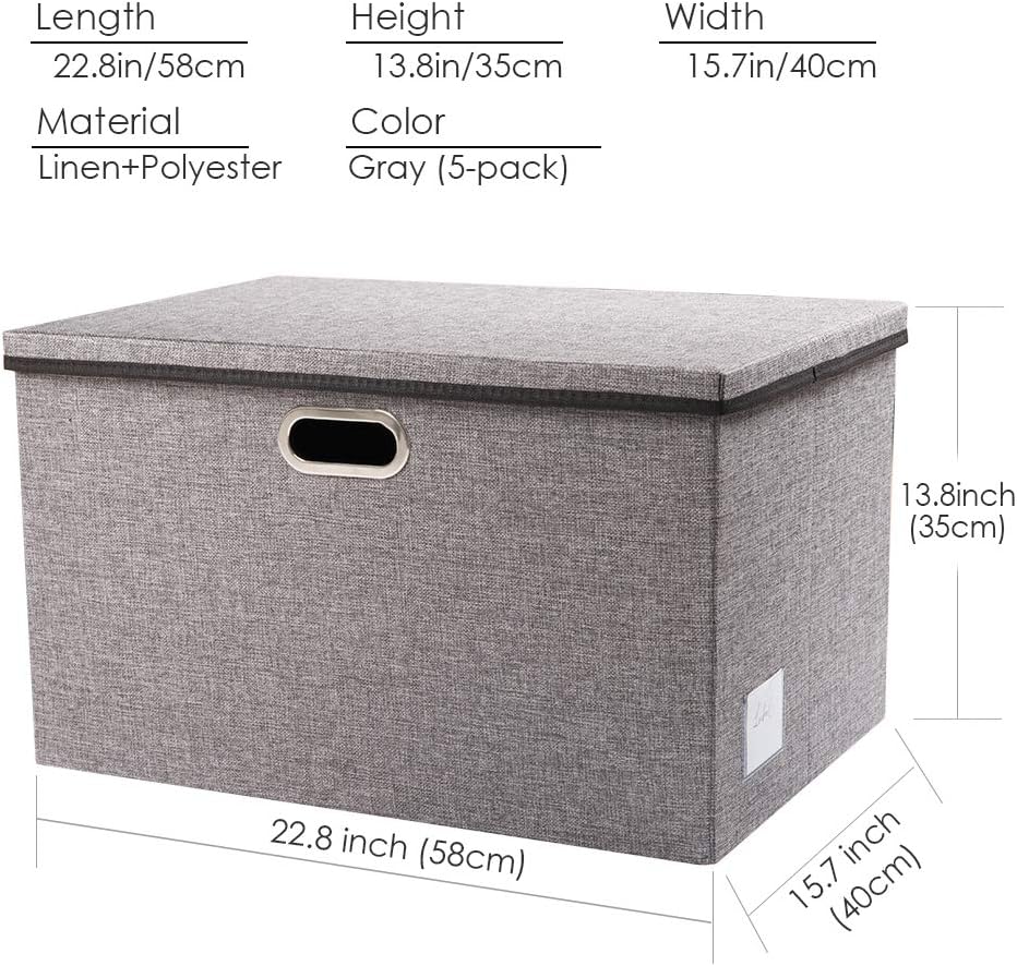 PRANDOM Extra Large Collapsible Storage Bins with Lids [5-Pack] Linen Fabric Foldable Storage Baskets Boxes Organizer Containers Cube with Cover for Bedroom Closet Office Nursery (22.8x15.75x13.8)