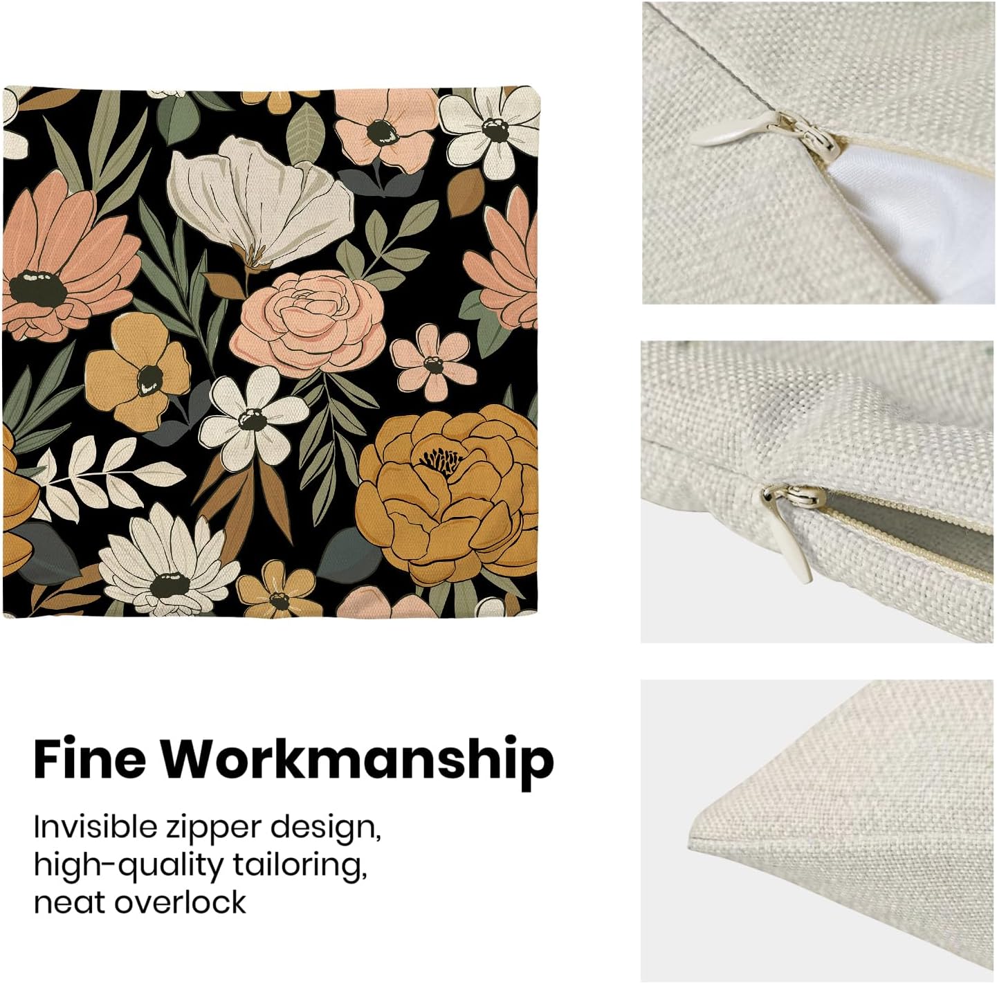 CXMEIFLY Spring Floral Pillow Covers 20 x 20 Inch Set of 2 for Vintage Pink Mustard Yellow Cream Flowers Decor Throw Pillows Plant Black Outdoor Decorative Cushion Cases for Couch Bed Decorations