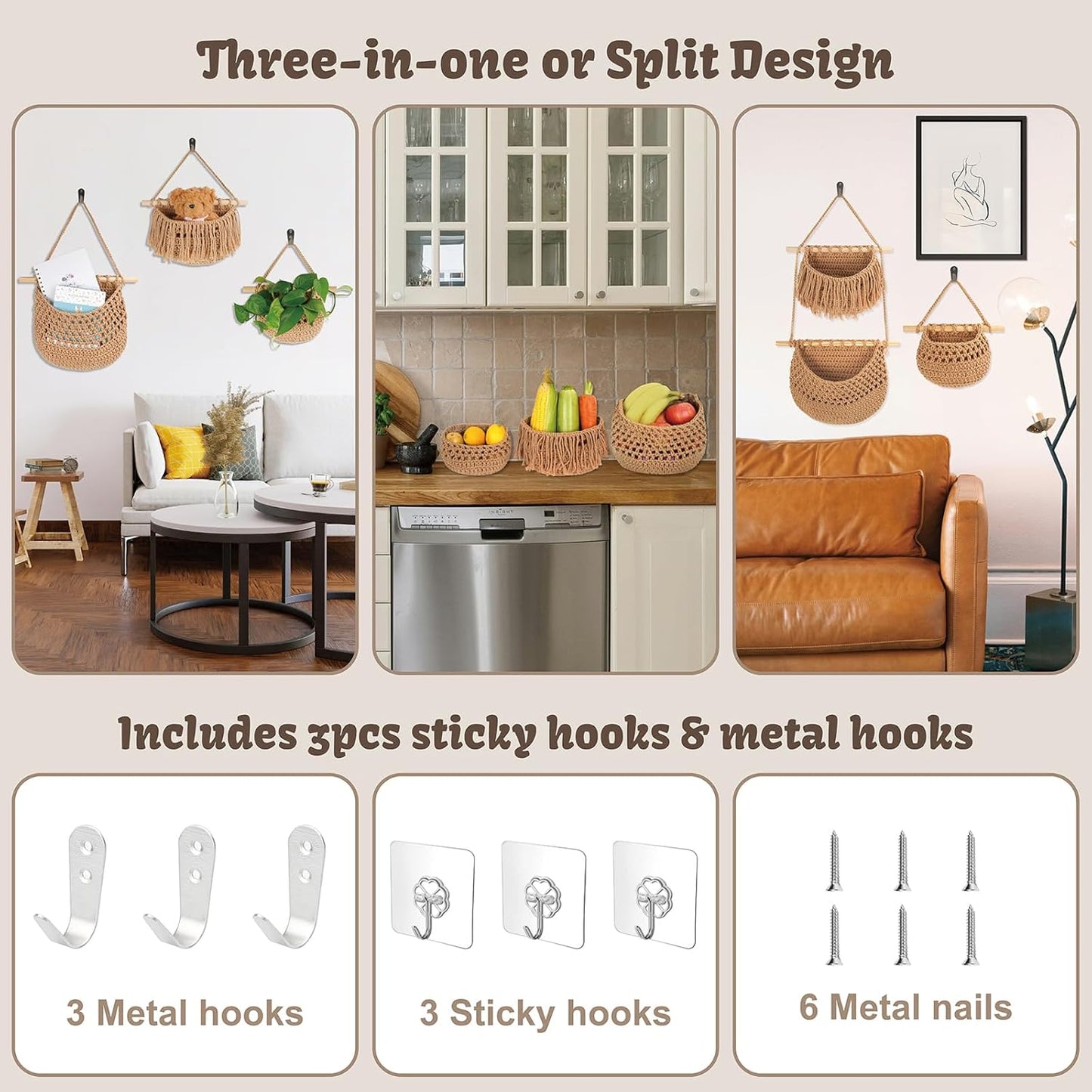 3 Tier Hanging Fruit Basket for Kitchen, Handmade Woven Cotton Hanging Wall Basket for Fruit Vegetable with 6 Hooks, Boho Style Over The Door Organizer for Living Bathroom Bedroom